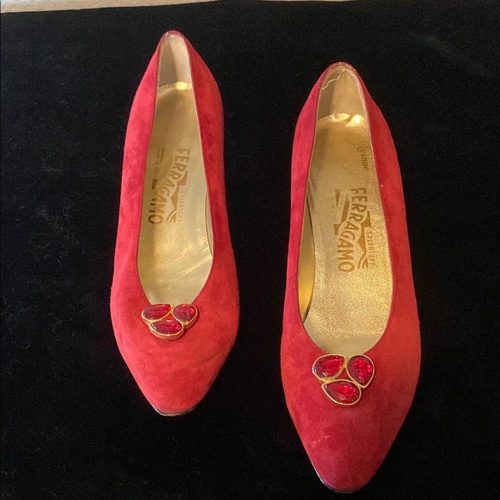 Salvatore Ferragamo Red Suede Heels with Gold Accents